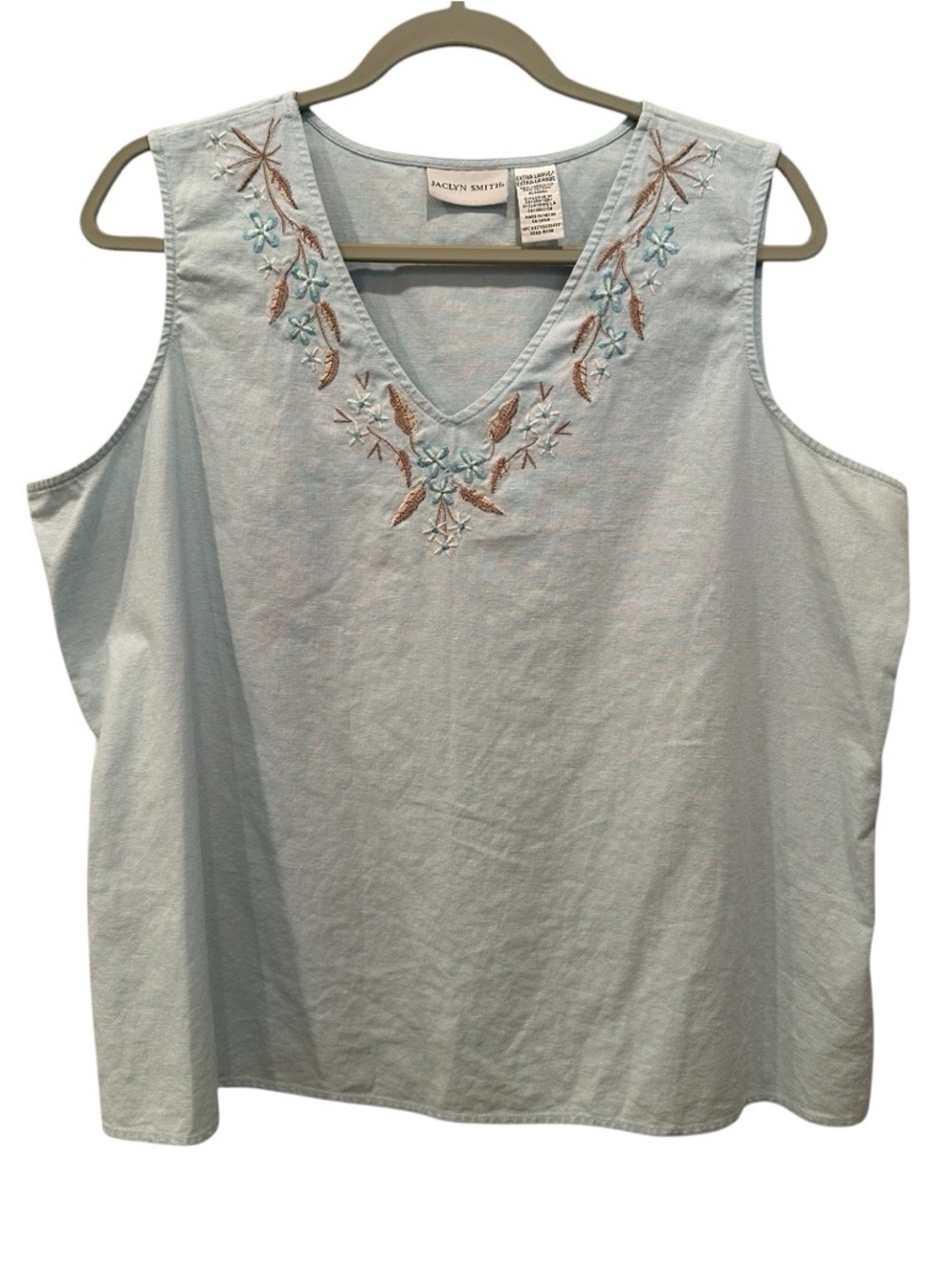 Linen Blend Light Blue Embroidered V-Neck Sleeveless Blouse Top Spring  Sz XL
